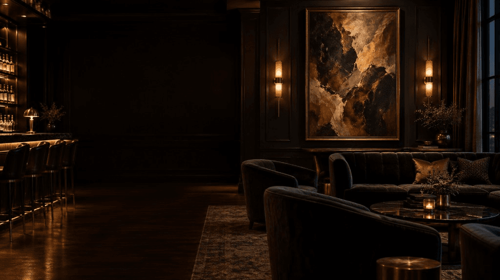 Dark private-club lounge with a copy-safe wall, velvet seating, and a large abstract painting